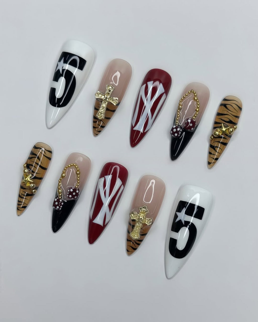 Tiger Print Red and Black Press On Nails with Cross and Dice Accents