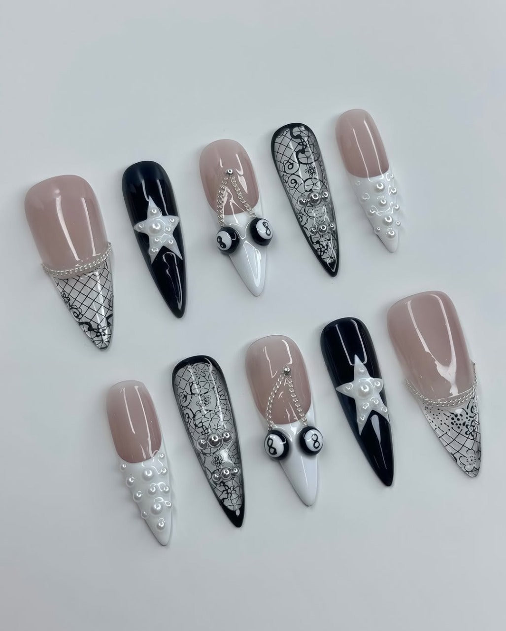Black and White Star Billiard Press On Nails with Pearl and Chain Details