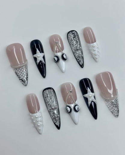 Black and White Star Billiard Press On Nails with Pearl and Chain Details