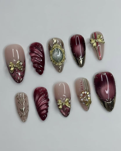 Burgundy and Gold Vintage Bow Press On Nails with Cameo Frame and Glossy Finish