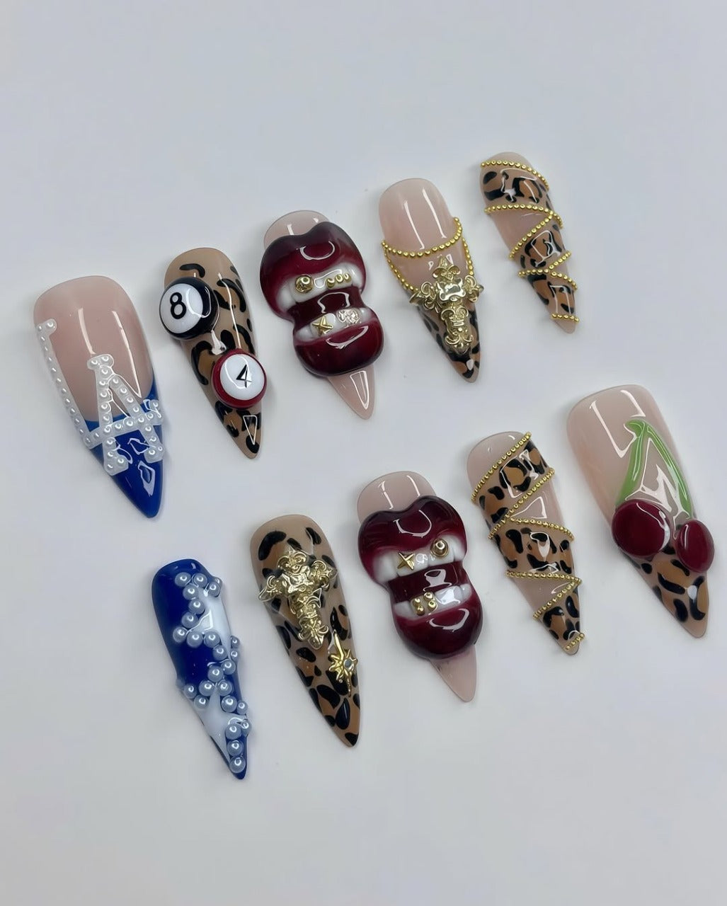 Leopard Print and Cherry Accent Press On Nails with Red Lips and Gold Cross Details