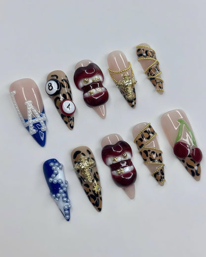 Leopard Print and Cherry Accent Press On Nails with Red Lips and Gold Cross Details