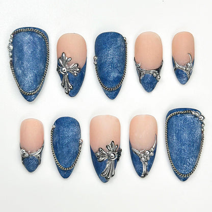 Denim Chic Press On Nails with Silver Accents