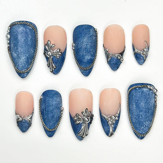 Denim Chic Press On Nails with Silver Accents