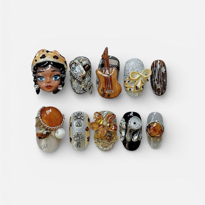 Eclectic Vintage Art Press On Nails Handmade 3D Statement Set