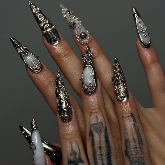 Edgy 3D Silver Gothic Stiletto Press-On Nails with Sculpted Details
