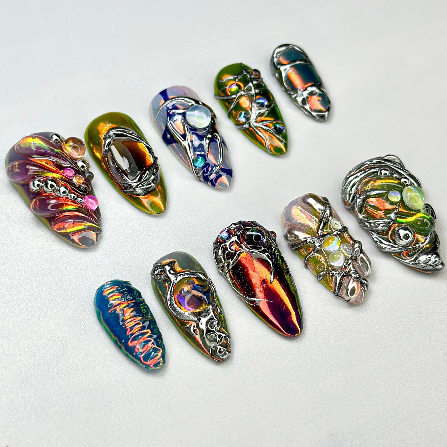 Holographic Chrome 3D Press-On Nails