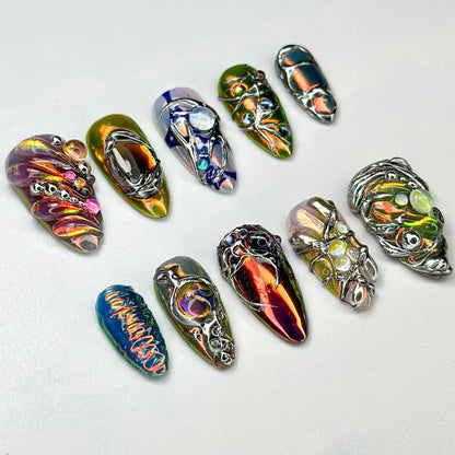 Holographic Chrome 3D Press-On Nails