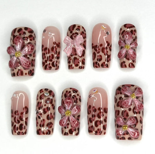 Elegant 3D Floral Leopard Press On Nails