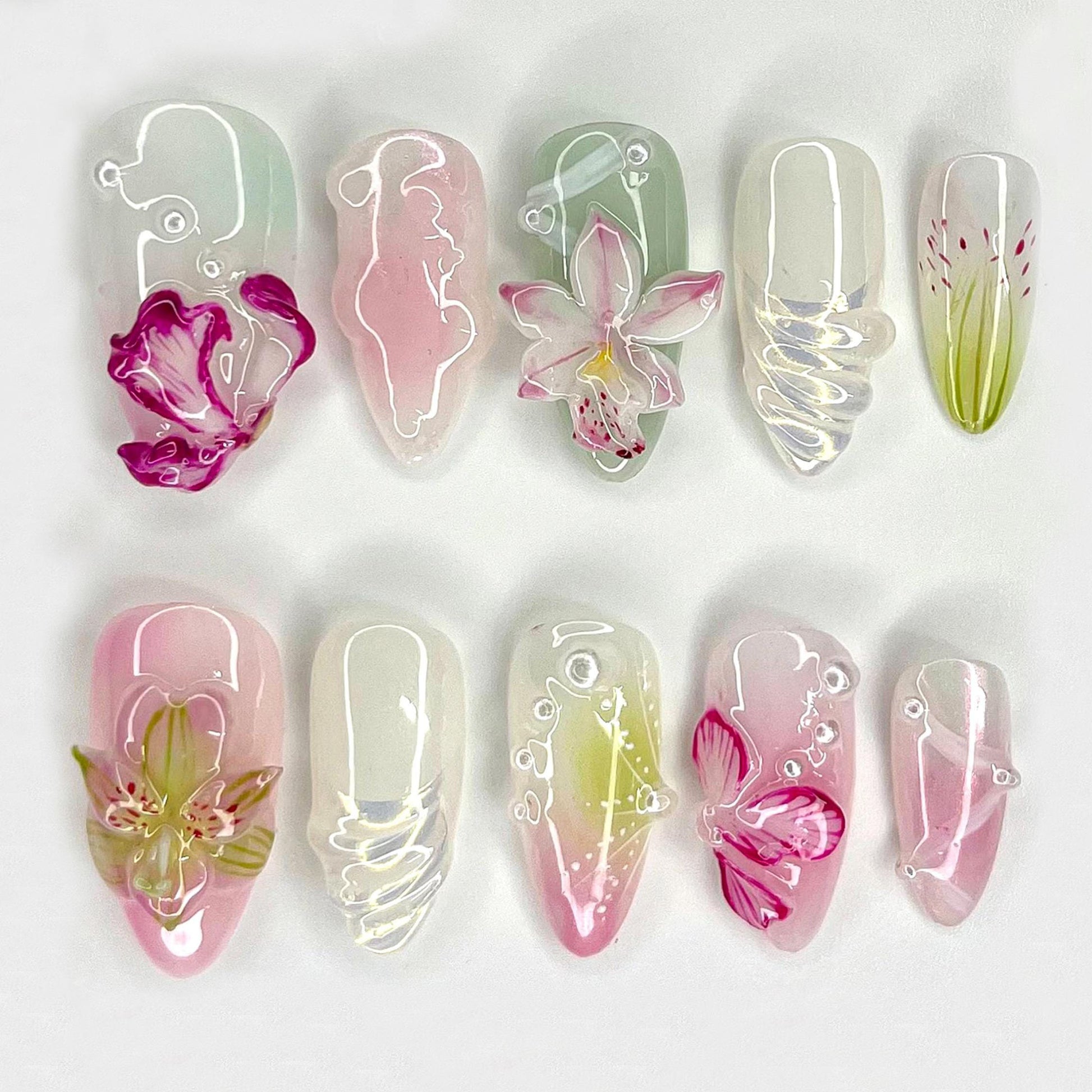 Elegant 3D Floral Press-On Nails, Pink Glow Set