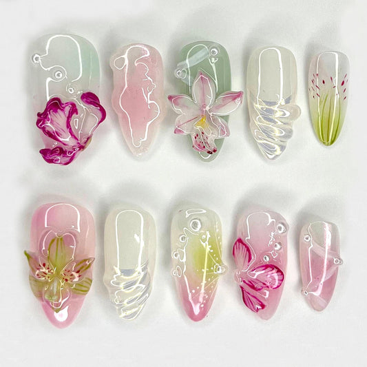 Elegant 3D Floral Press-On Nails, Pink Glow Set