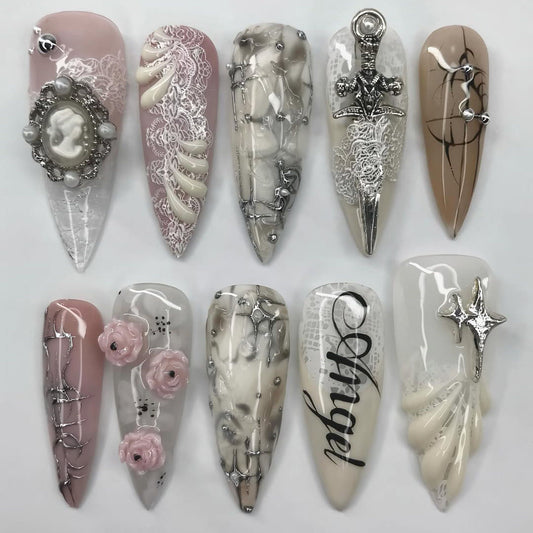 Elegant Angel-Inspired Press-On Nails with Lace, Florals, and Sculpted Details
