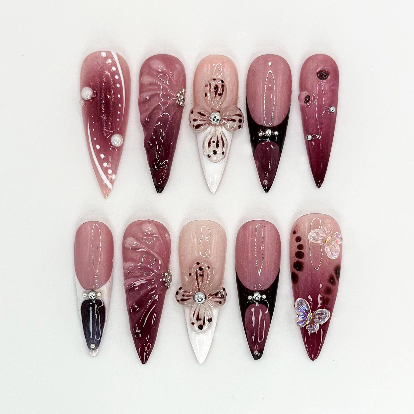 Elegant Burgundy Floral Press-On Nails Set