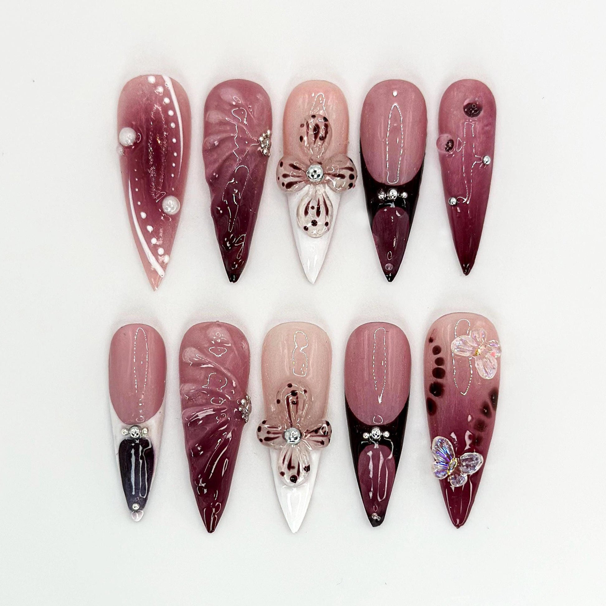 Elegant Burgundy Floral Press-On Nails Set