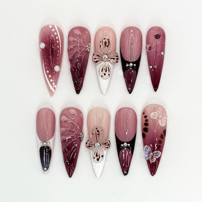 Elegant Burgundy Floral Press-On Nails Set
