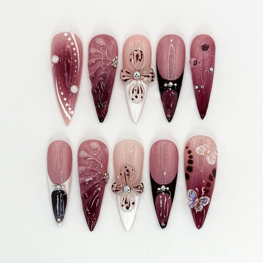 Elegant Burgundy Floral Press-On Nails Set