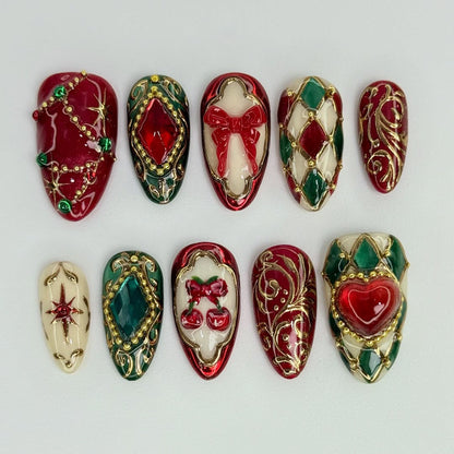 Elegant Christmas Press On Nails with Red Bow and Heart Art