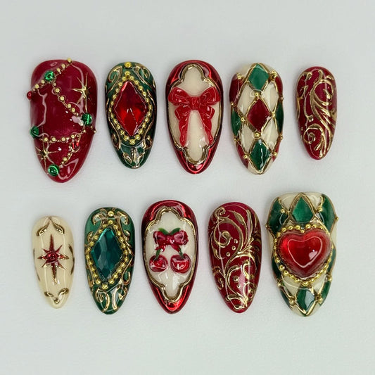 Elegant Christmas Press On Nails with Red Bow and Heart Art