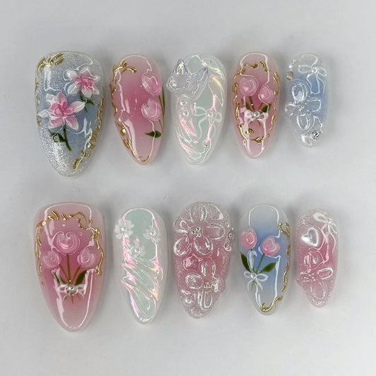 Elegant Floral 3D Gel Nail Art Set - Stunning Pink & Gold Design