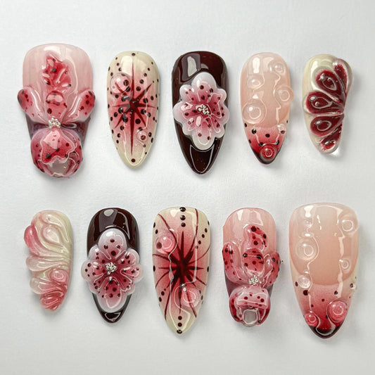 Elegant Floral 3D Press On Nails Set