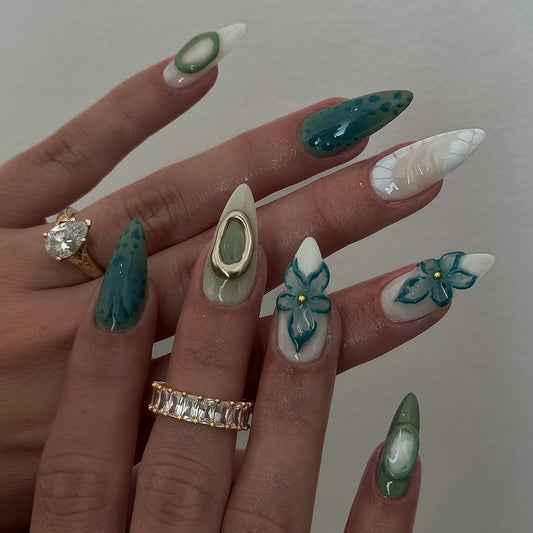 Elegant Green Marble Floral Press On Nails