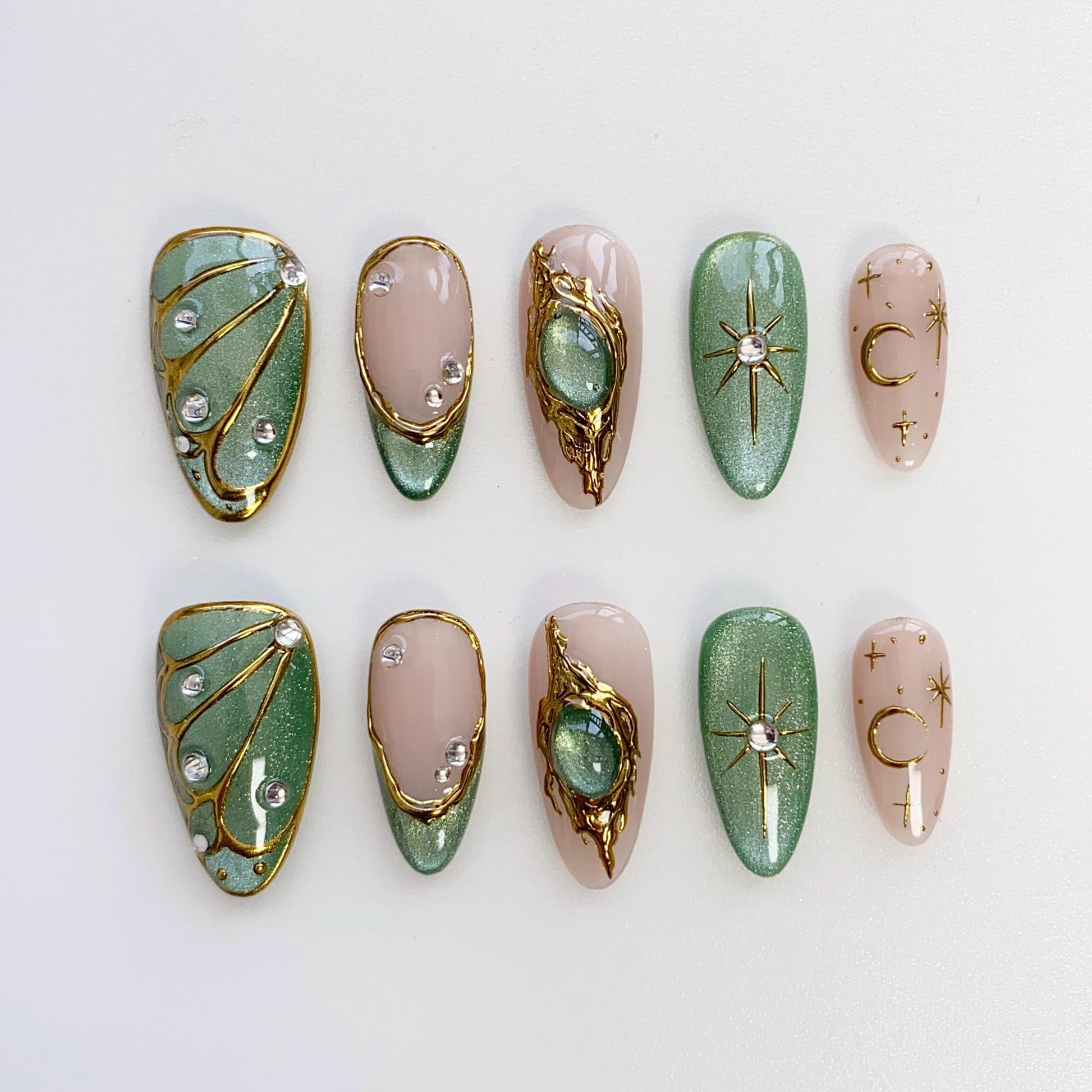 Elegant Green and Gold Press On Nails with Celestial Design