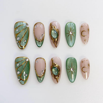 Elegant Green and Gold Press On Nails with Celestial Design