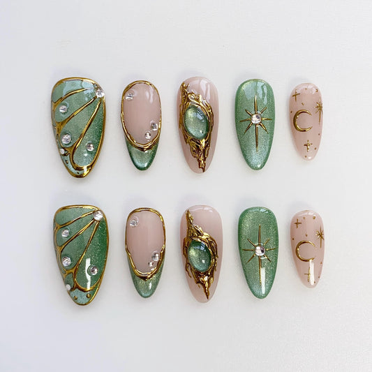 Elegant Green and Gold Press On Nails with Celestial Design