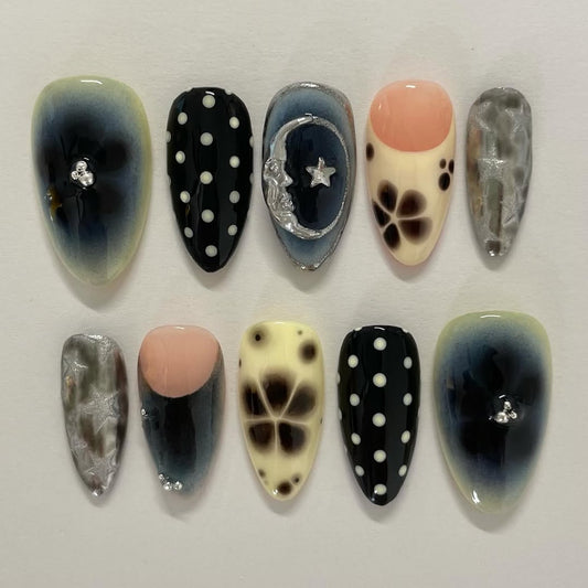 Elegant Moon and Floral Press-On Nails with Polka Dot Accents