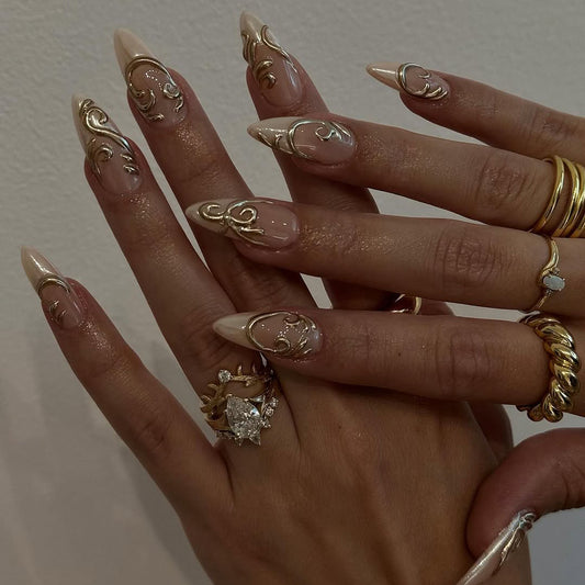 Elegant Nude Almond Press On Nails with Gold 3D Swirl Design
