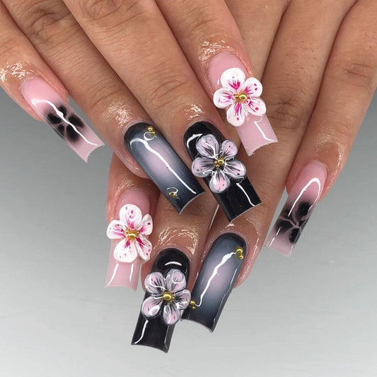 Elegant Pink Black Floral 3D Press On Nails