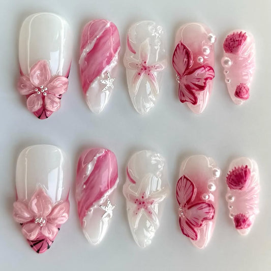 Elegant Pink Floral Stiletto Press On Nails with Charm