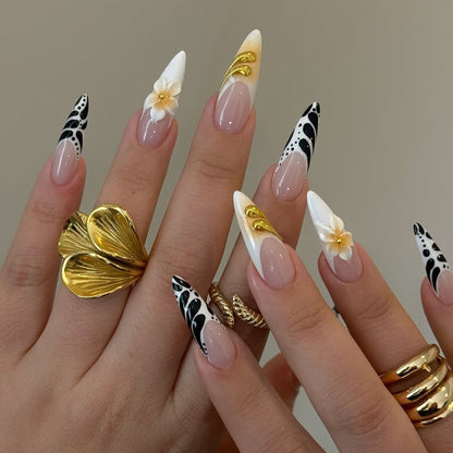 Elegant White and Gold 3D Press-On Nails with Floral Accents