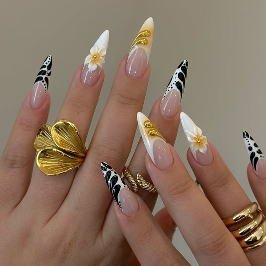Elegant White and Gold 3D Press-On Nails with Floral Accents