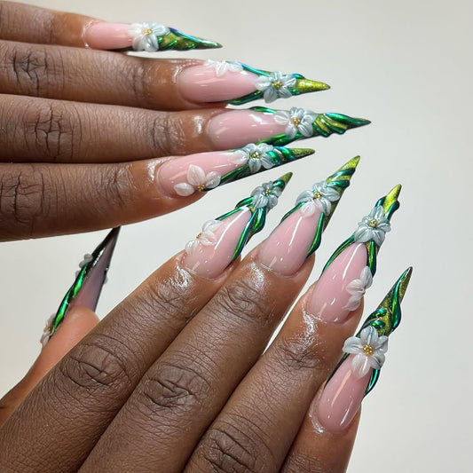 Emerald Floral Press On Nails  - Floral Green Chrome Stiletto Press On