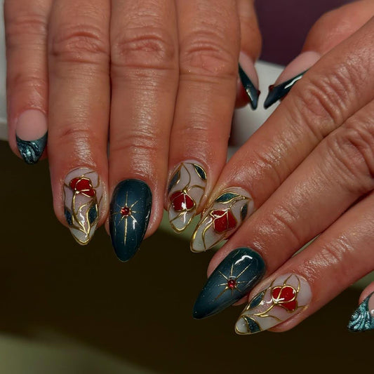 Emerald Green Nails with Gold and Red Roses