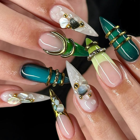 Emerald Pearl Ring Press On Nail Set Elegant Stiletto Design