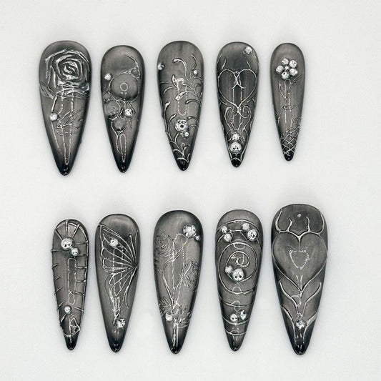 Engraved Black Chrome Floral Press On Nails