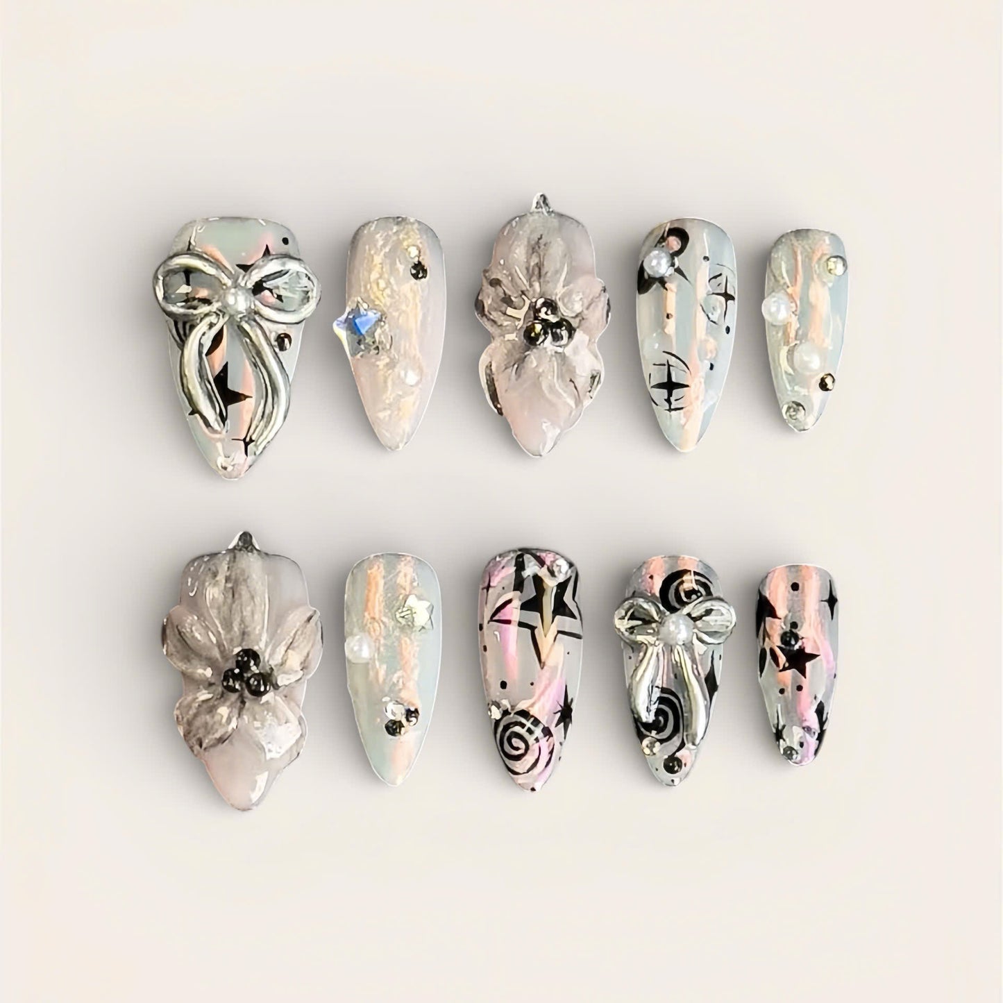 Ethereal Silver Bow Floral Press On Nails Handmade Art Set