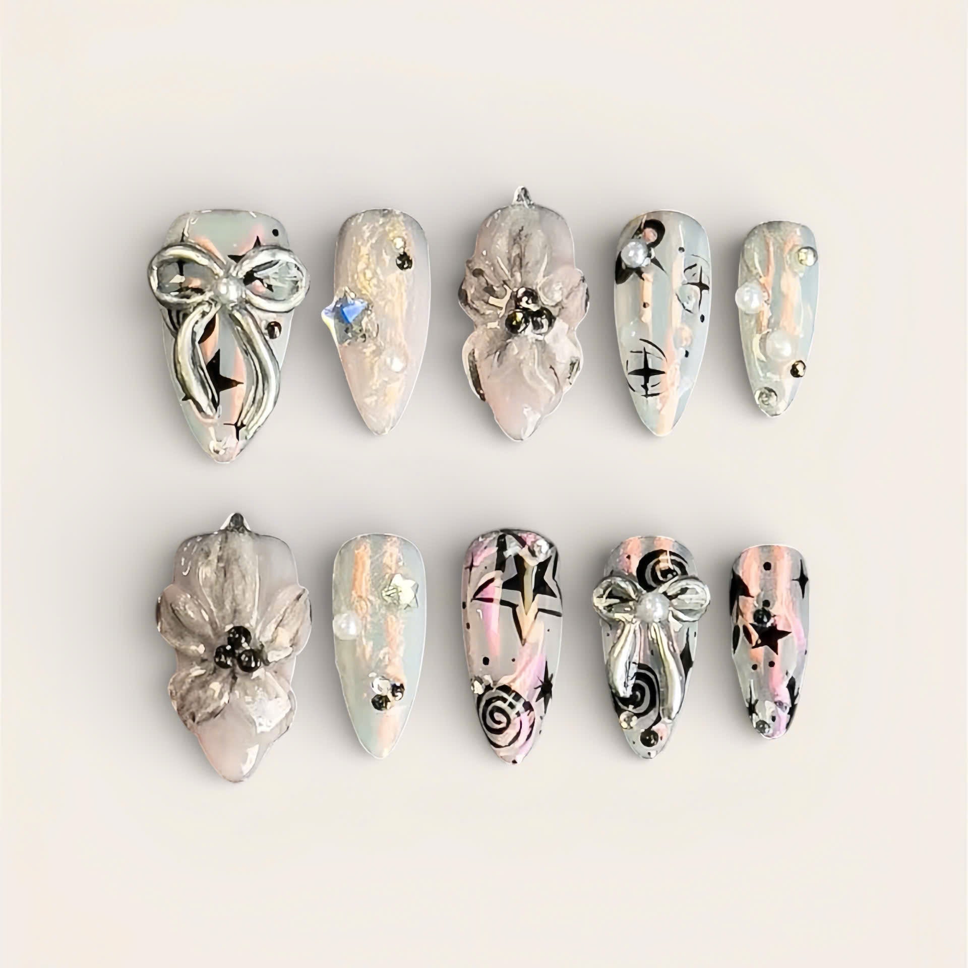 Ethereal Silver Bow Floral Press On Nails Handmade Art Set