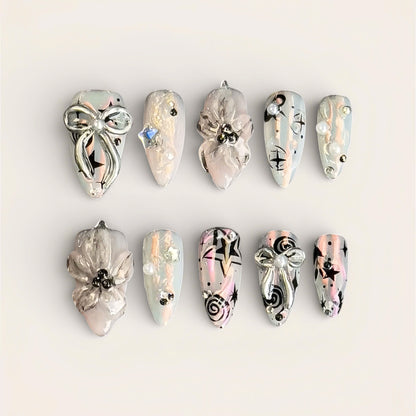 Ethereal Silver Bow Floral Press On Nails Handmade Art Set