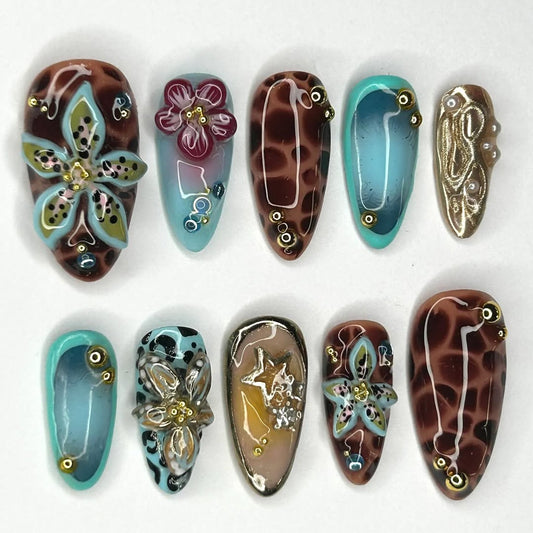 Exotic 3D Floral Leopard Press On Nails
