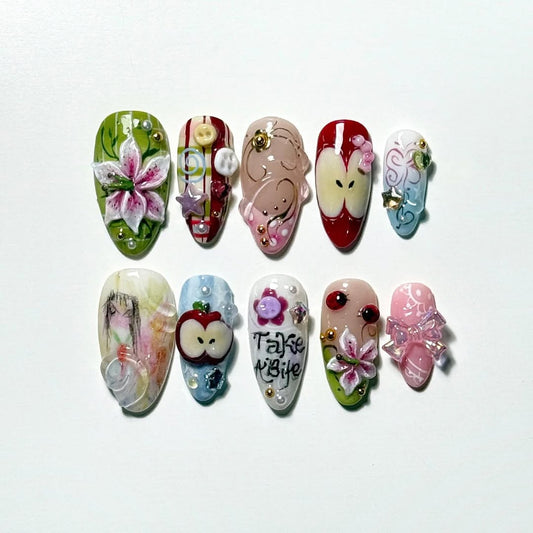 Fairy-Tale Inspired Press-On Nails with 3D Apples and Flowers