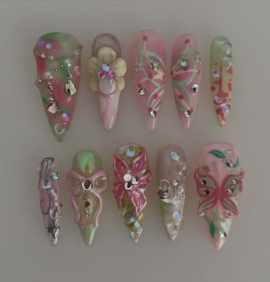 Fairy Fantasy Press-On Nails with 3D Butterflies and Floral Details