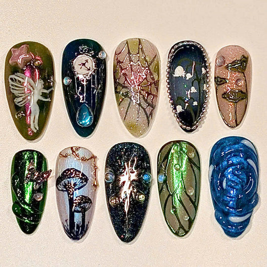 Fairy Forest Press On Nails with Magic Mushroom and Celestial Art Design
