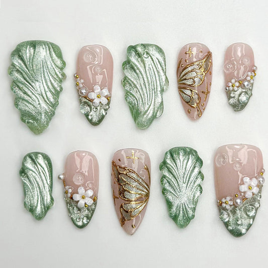 Fairy Garden Leaf Butterfly Press On Nails