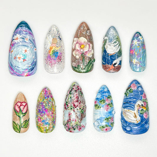 Fairy Garden Oil Painting 3D Press On Nail Set