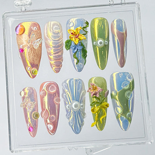Fairy Garden Press On Nails 3D Iridescent Magic