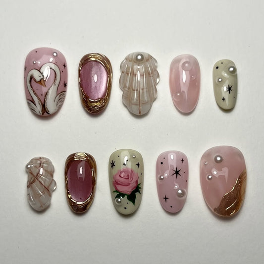 Fairytale Romance 3D Press-On Nails with Swans, Roses & Pearls