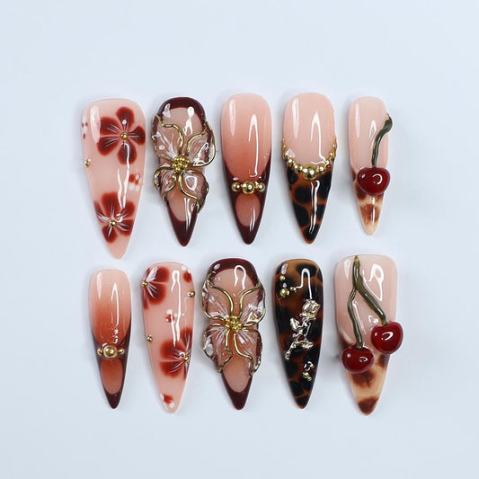 Fall Press On Nails with 3D Floral Cherry
